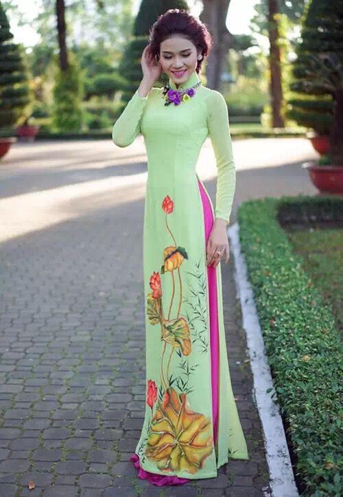 传统京族服装禅服奥黛旗袍件套手绘旗袍