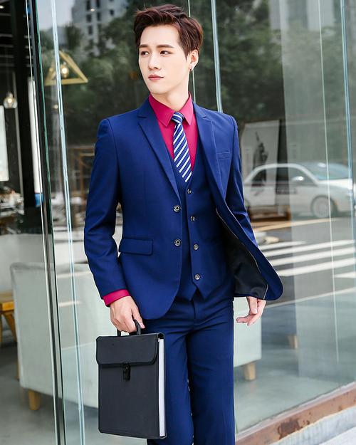 西装套装男靓蓝色修身韩版新郎结婚礼服影楼业务员职业装三件套