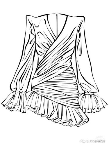 荷叶边褶皱轻盈连衣裙款式图线稿