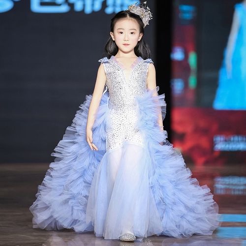 儿童礼服裙2021新款女童晚礼服模特走秀主持人鱼尾拖尾演出服高端