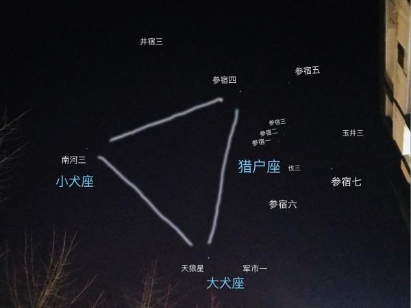 如图: 冬季大三角由三颗亮星组成,分别是: 猎户座α  (α orionis)
