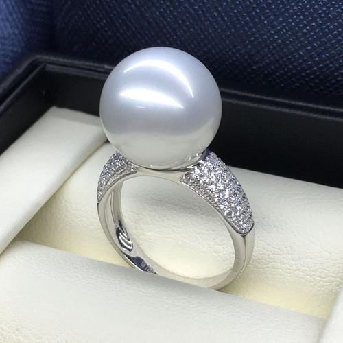 戒指白珍珠18k金正13-14mm白色海水珍珠南洋白珠手饰