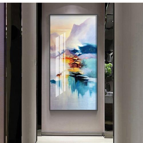 新中式入户玄关装饰画门正对墙挂画走廊过道竖版山水画壁画晶瓷画