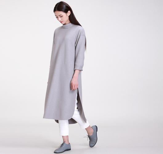 原创设计品牌女装极简文艺复古灰色羊毛呢高领长袍连衣裙尘境
