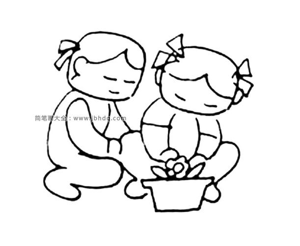 种盆栽的小女孩_劳动节-简笔画大全