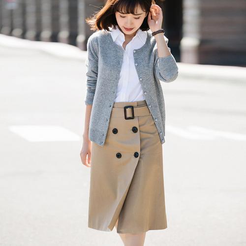 沫里 秋冬款英伦休闲双排扣高腰半身裙 卡其色一片式腰带a字裙 女