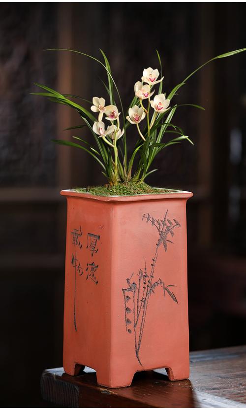 宜兴紫砂花盆正四方清水透气手工紫砂盆景盆栽直筒兰花盆简约精品