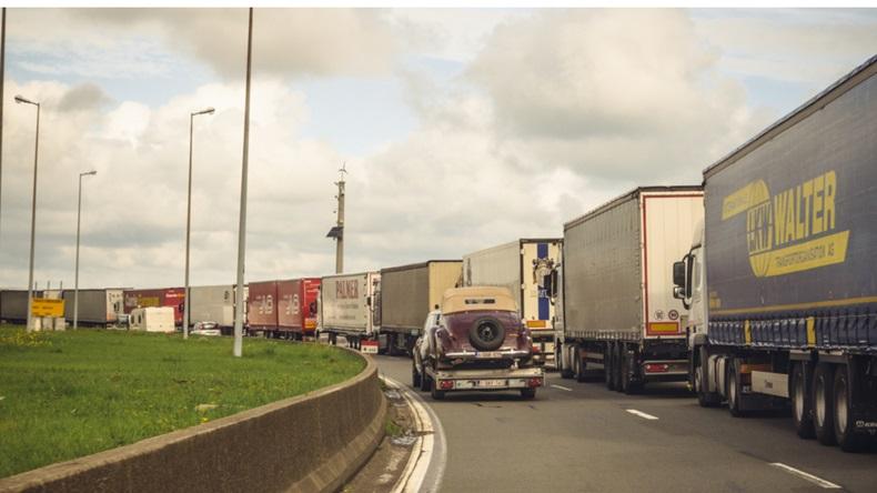lorries queuing to board ferries heading to england at calais