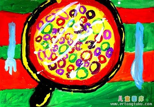 儿童水粉画铜奖作品:《我爱吃的披萨》,参赛年龄8岁