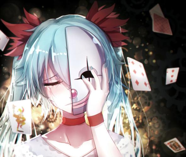 初音未来 小丑面具 扑克牌 伤心泪水 黑色背景 二次元 动漫