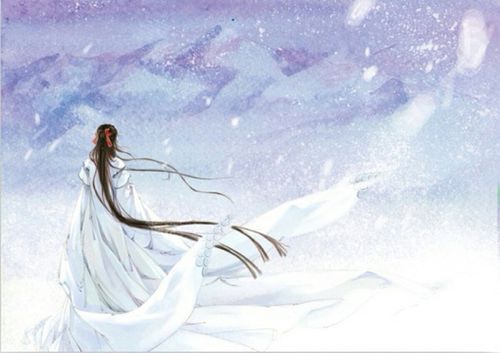 求一张在雪山的动漫伤感图片,长发美男,要古风的