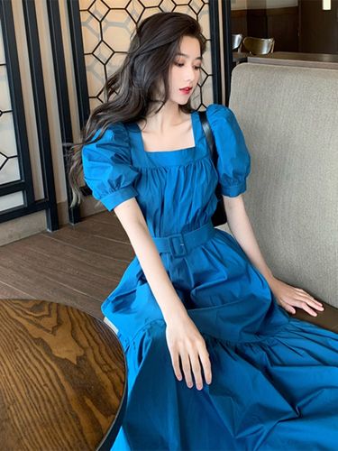 宝蓝色方领及踝连衣裙女夏法式盐系炸街裙子收腰超长裙到脚踝森系