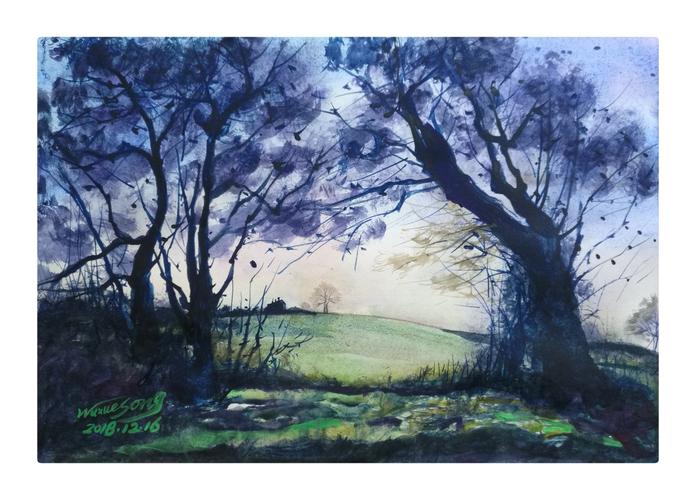 《三棵树》风景水彩画一幅(38cm*27cm)