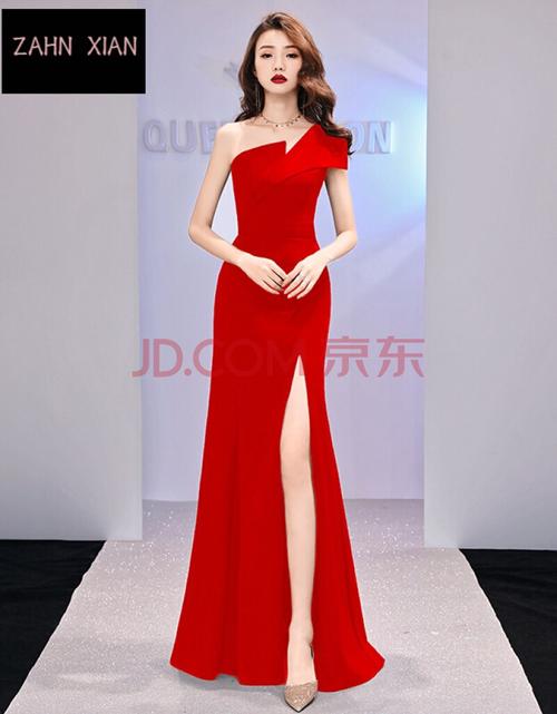 红色单肩开叉礼服 鱼尾裙晚礼服 xs