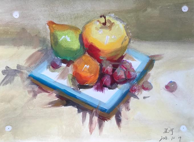 水果颜色还可以,注意颜料水分的把握,亮部颜色不要画的太薄,需鲜亮和