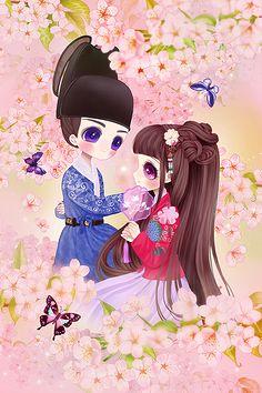 com 古装婚纱 恋爱樱花中~-羽画雨_插画,可爱,厚涂,情侣_涂鸦王国插画