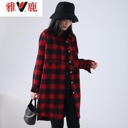 雅鹿中长款红黑格子衬衫女衬衣长袖衬衫宽松大码春秋新款百搭外套春天
