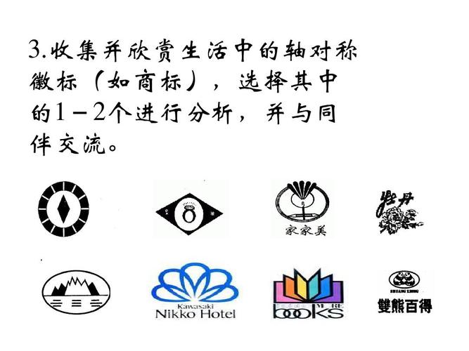 收集并欣赏生活中的轴对称 徽标(如商标),选择其中 的1-2个进行分析