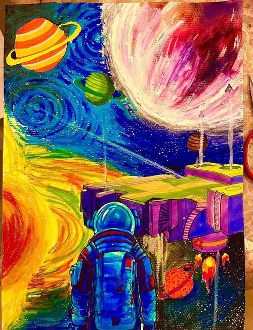 油画棒绘太空奇景,宇航员凝视远方宇宙