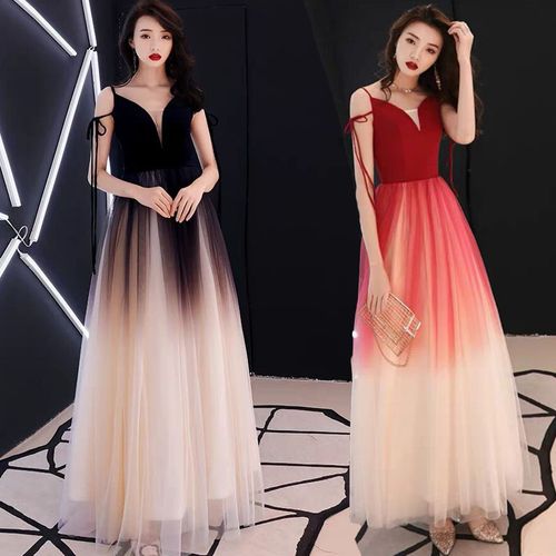 黑色礼服裙女宴会 气质渐变色连衣裙仙气长裙仙女礼服