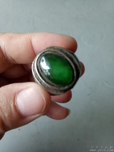 清代天然老银镶嵌冰种翡翠戒指