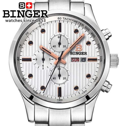 宾格binger手表瑞士三眼防水运动时尚赛车计时男白色运动时尚男表石英