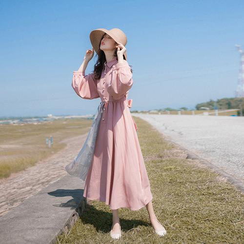 法式少女茶歇裙春秋装2019新款收腰复古桔梗裙法国小众连衣裙长裙