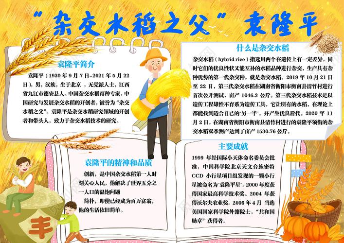 科学家黄色卡通杂交水稻之父袁隆平小学生手抄报
