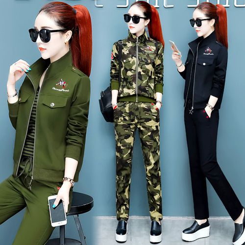 迷彩服套装女春秋2020新款时尚休闲大码女士军装户外