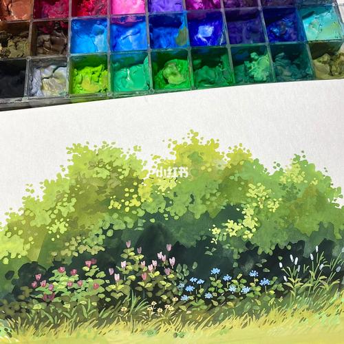 【不透明水彩】草丛和蔷薇绘制过程_水彩画_蔷薇_绘画