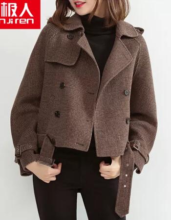 羊绒大衣女短款宽松显瘦2021秋冬新品小个子斗篷格子毛呢外套咖啡色