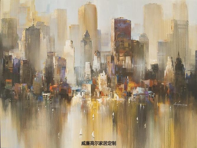 现代风格城市建筑喷绘油画-蓝色调