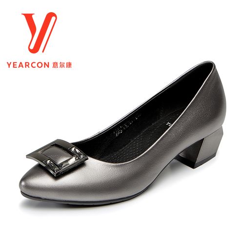 意尔康女鞋粗跟单鞋2017秋季新款真皮浅口尖头中跟百搭职业皮鞋女