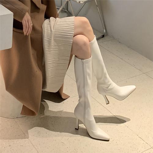 白色长靴女不过膝尖头高跟高筒靴细跟2020秋冬弹力靴