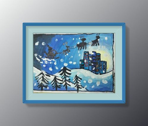 这幅圣诞节的雪景写生真是一副不错的风景画作品,颜色的过渡和主体物