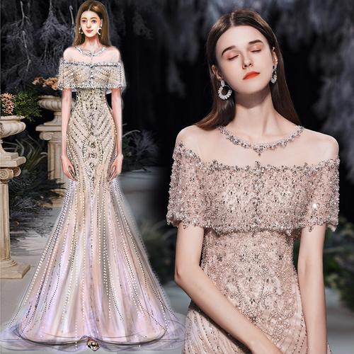 高端奢华年会重工鱼尾晚礼服钉珠名媛