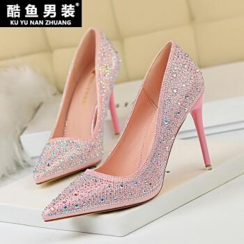 10公分细高跟鞋婚鞋女水钻尖头超烫细跟网红抖音公主婚纱浅口单鞋2021