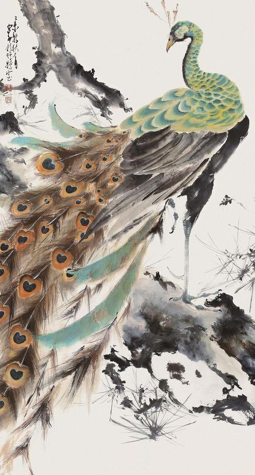 赵少昂作品欣赏赵少昂 孔雀 镜片 设色纸本