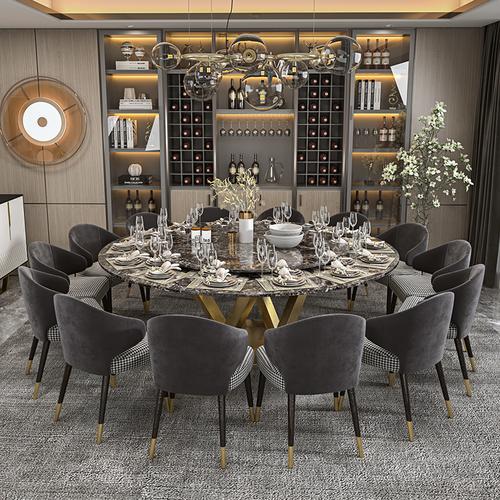 轻奢大理石圆桌大户型家用圆形餐桌别墅圆餐桌10人12电动转盘饭桌