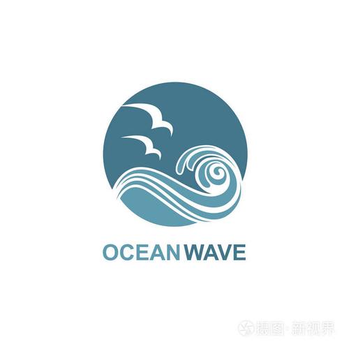 白色背景中孤立的波浪和海鸥海洋图标的抽象设计
