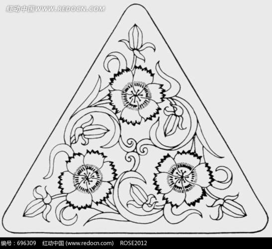 石竹花朵花蕾和叶子构成的三角形图案