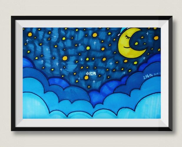 [儿童画]繁星点点,夜空_儿童画_创意美术_素描_铅笔_马克笔_少儿创意