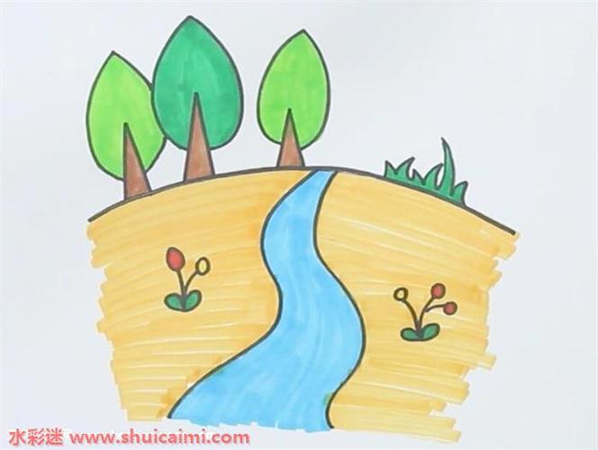 4,最后用蓝色给小溪涂色,将地面涂上黄颜色,简单漂亮的小溪简笔