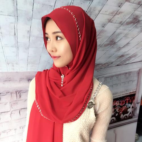 穆斯林 font color=red>头巾 /font> 奥地利烫钻暗扣方便款雪纺长巾