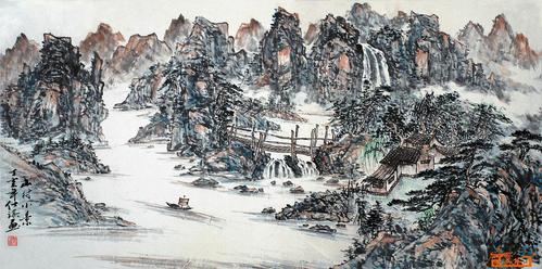 名家 刘仕祺 国画 - 山村小景