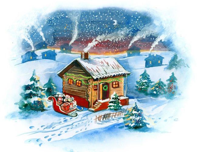 圣诞节 画面 圣诞树 雪橇 房屋 精美风景 插画 美术 绘画 说明:圣诞节
