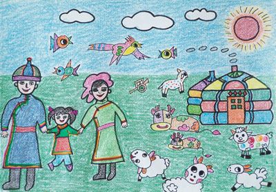 画草原加牛羊简笔画带颜色