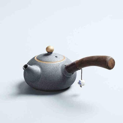 晨翔茶具 粗陶侧把壶手工黑陶日式壶 汝窑开片黑檀木柄茶壶-tmall.