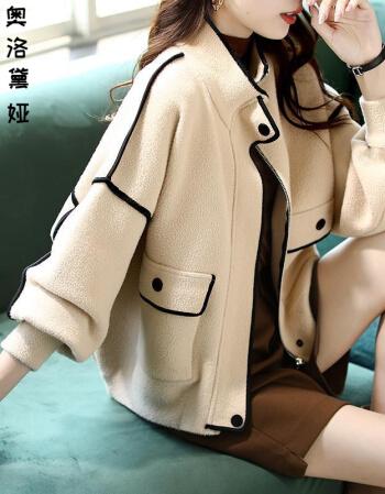 呢外套秋冬新款时尚韩版休闲显瘦洋气百搭拼接短款毛呢外套女潮米色m