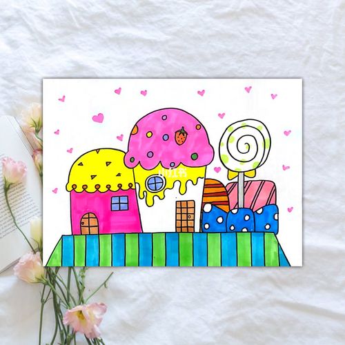冰淇淋房子儿童画 房子创意画_创意画_儿童画_冰淇淋_儿童创意画_文化
